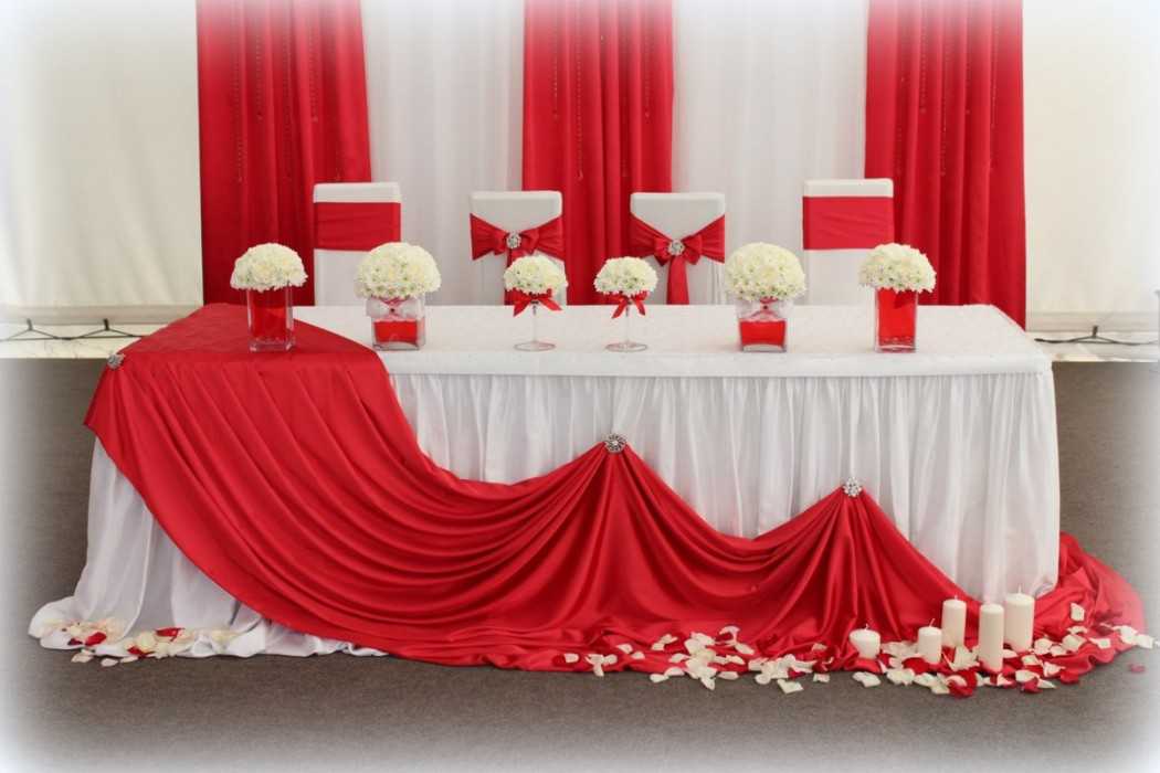 Свадьба в красном цвете (67 фото): оформление свадебного фона в красно-белых и красно-синих тонах, декор свечей и бутылок на столе жениха и невесты