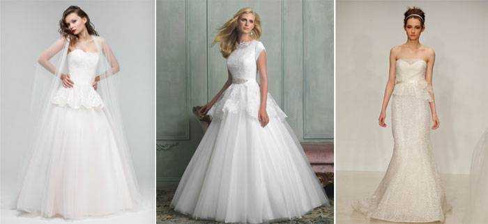 Платье для невесты с воланами на юбке, плечах, баской на талии: как выбрать модель