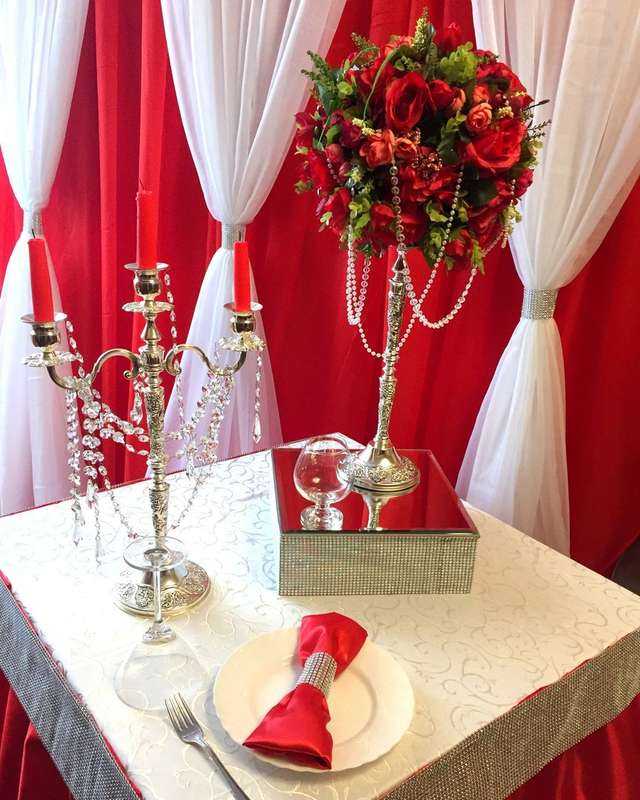 Свадьба в красном цвете (67 фото): оформление свадебного фона в красно-белых и красно-синих тонах, декор свечей и бутылок на столе жениха и невесты