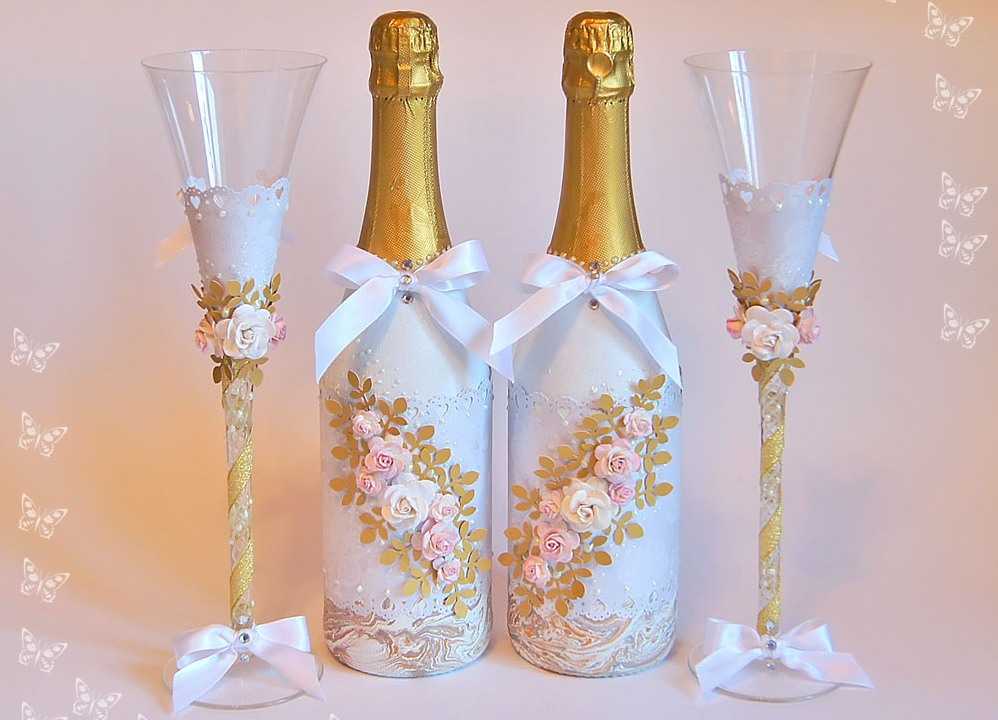 Декупаж свадебной бутылки - мастер-класс декупажа бутылки шампанского на свадьбу своими руками