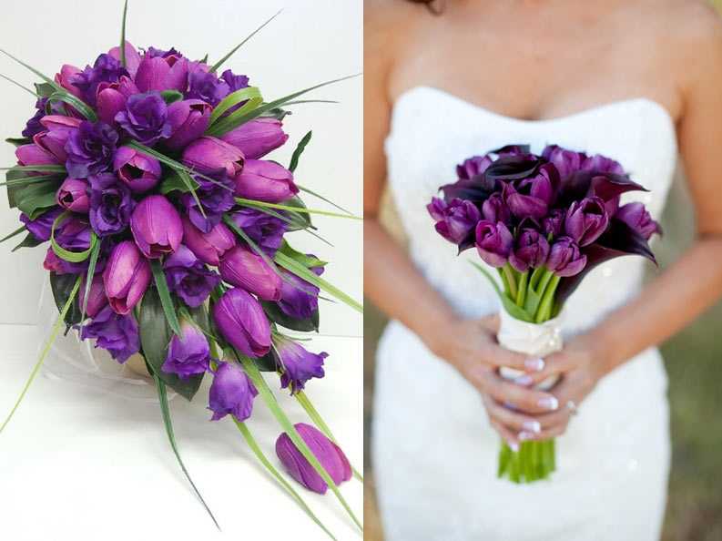 Букет невесты из тюльпанов: монобукет из белых и фиолетовых цветов, варианты композиций с розами, ирисами, пионами, фрезиями + множество фото